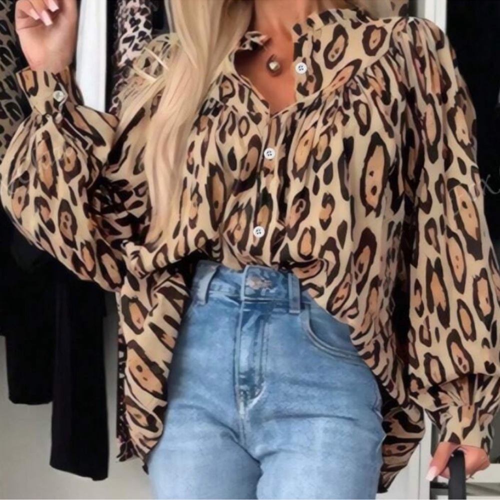 Plus Leopard Print Button Down Oversized Long Sleeve Shirt Top 1X 2X 3X 4X